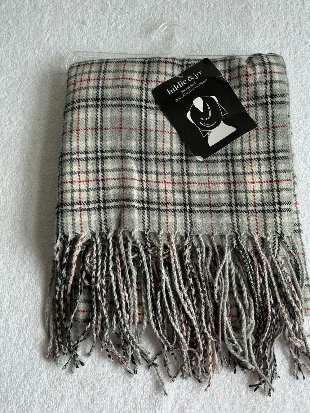 hildie & jo Plaid Fringe Scarf in Cream, Black & Red